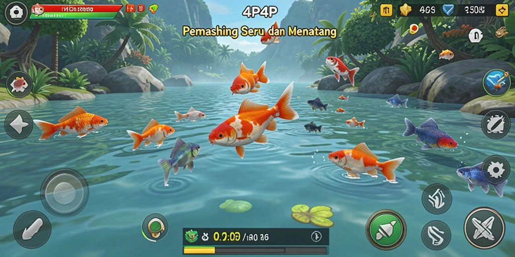 Tampilan gameplay 4P4P saat memancing di danau yang indah.