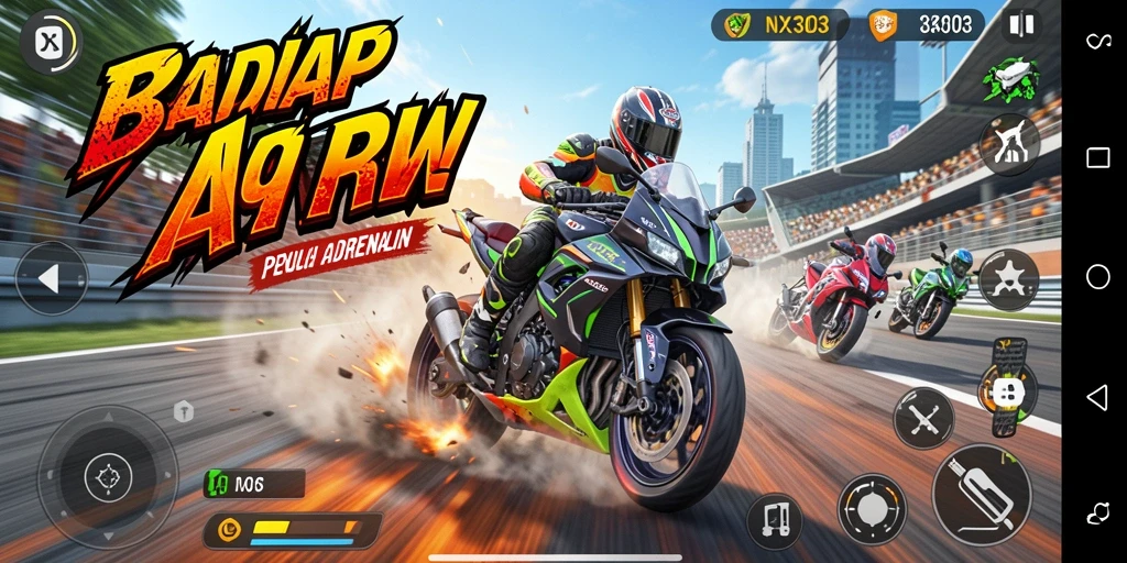 Tampilan spektakuler dari gameplay balap motor NX303 dengan aksi mendebarkan.