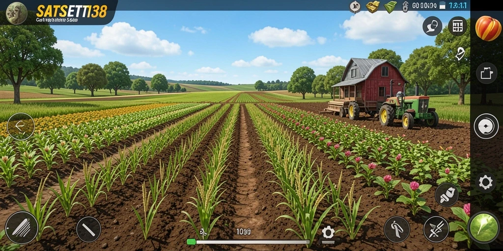 Tampilan gameplay <strong>SATSET138</strong> yang menampilkan pertanian virtual yang indah.